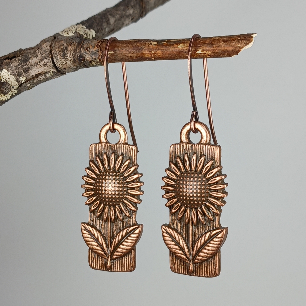 HAND CRAFTED EARRINGS Boho Rustic Copper Sunflower Dangle Drop